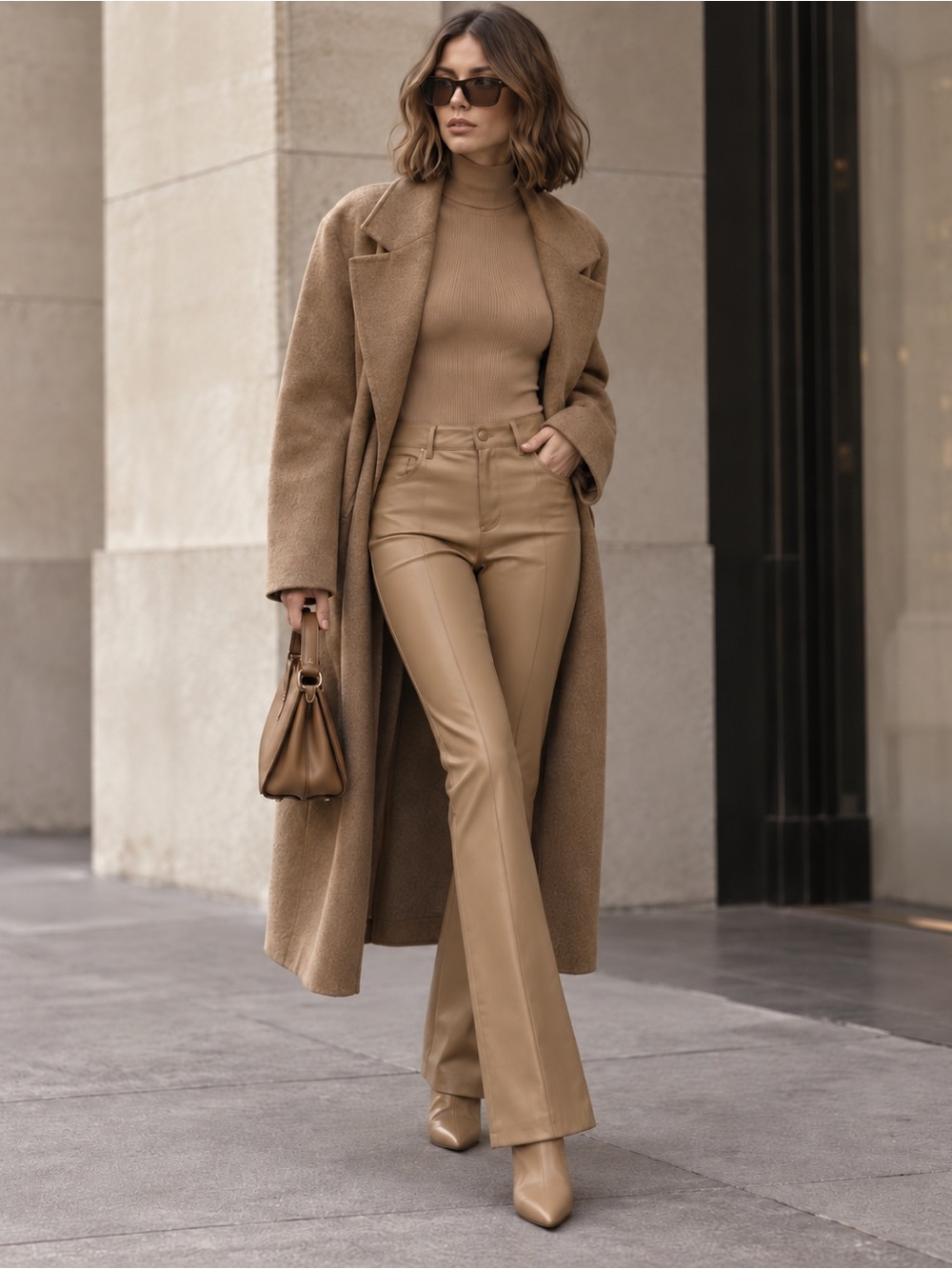 NEW ZARA Light Brown Faux Leather High Rise Slim Fit Flare Leg Pants w/ Slit